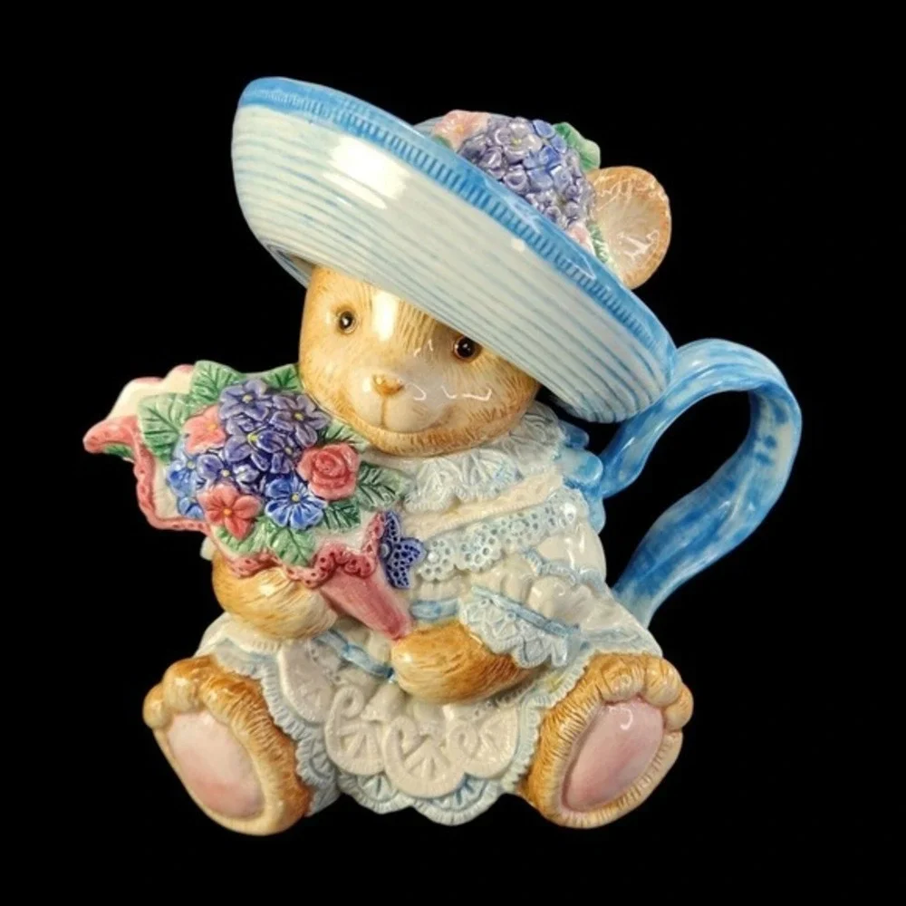 Fitz and Floyd Hydrangea Bear Teapot Pitcher 1993‎ Handpainted Ceramic Vtg READ